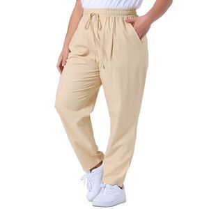Plus Size Straight Leg Drawstring Elastic Trousers with Pockets Light Khaki